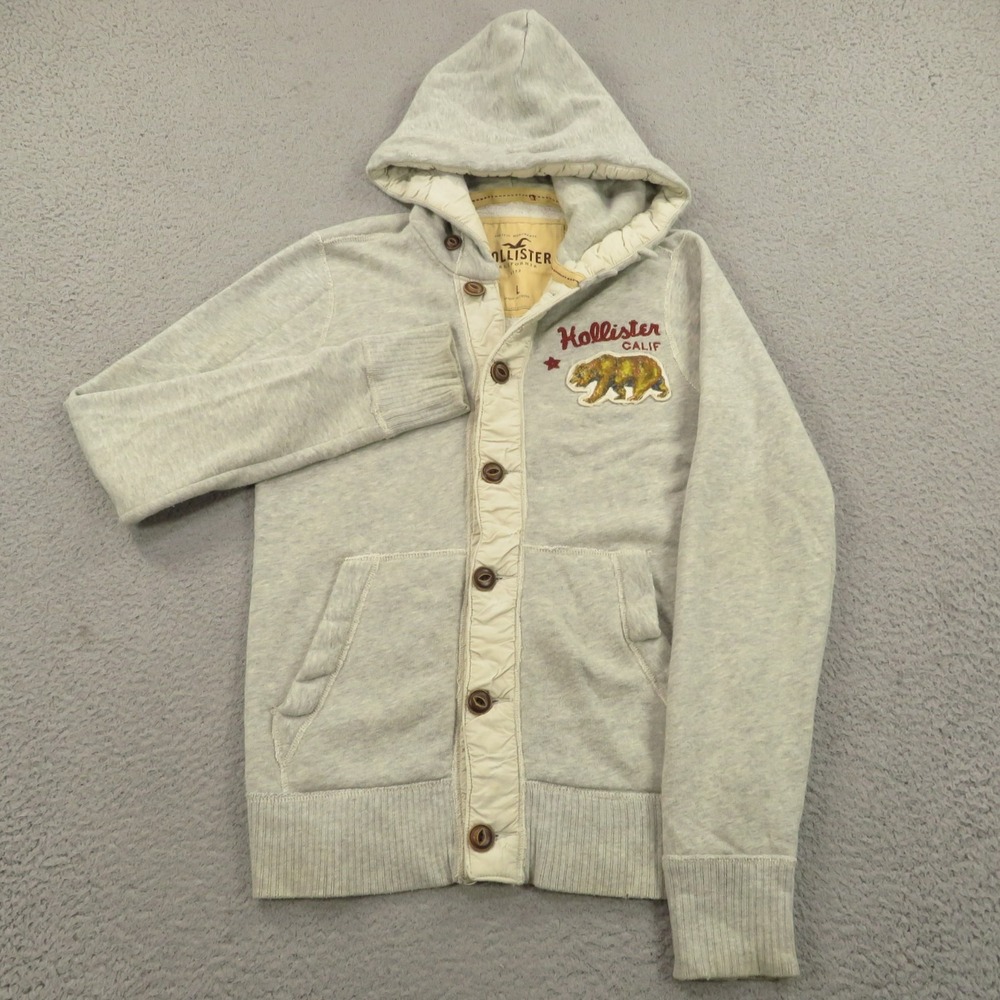 VTG Hollister Sweater Womens Large Gray Y2K Hooded Cardigan Big Patch Logo L